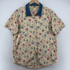 NORTHWEST BLUE Shirt Womens M Floral Denim Trim Button Up Cotton Beige VTG